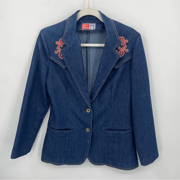 ‘America The Beautiful’ Vintage Two Button-Down Denim Blazer with Embroidery S/M - Picture 1 of 8